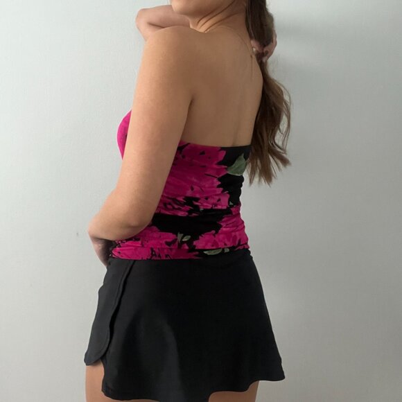 Vintage Eclipse Black Mesh Ruched-Side Tube Top with Floral Prints – Size L - Picture 8 of 8